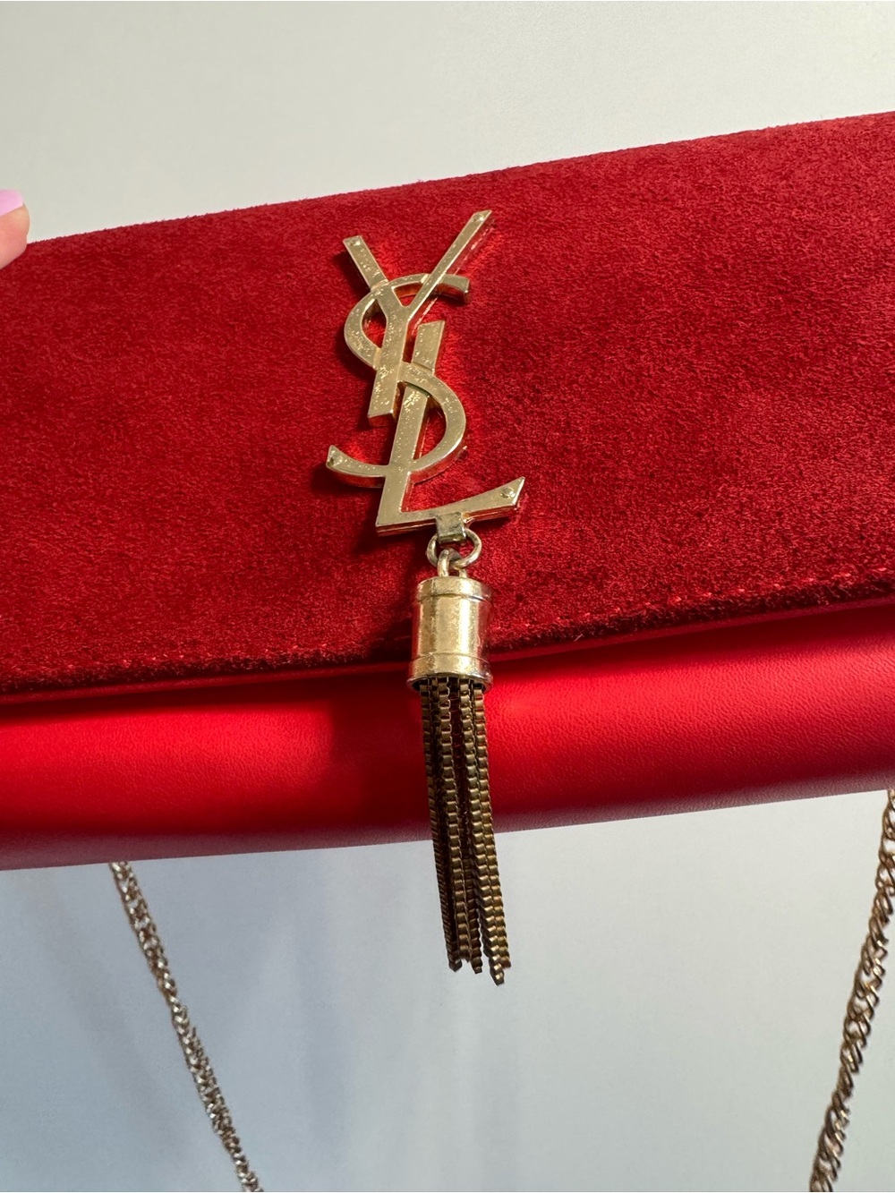 Fashion Red Suede & Leather Tassel Chain Clutch with Gold chain and logo